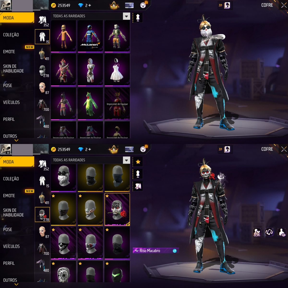 CONTA FREE FIRE LVL 80 COM DIVERSOS ITENS E PASSES ANTIGOS