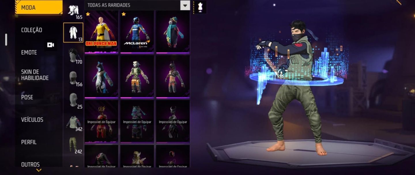 Conta de FF prime 7 com NARUTO, pé descalço, sombra roxa e jazz clássico