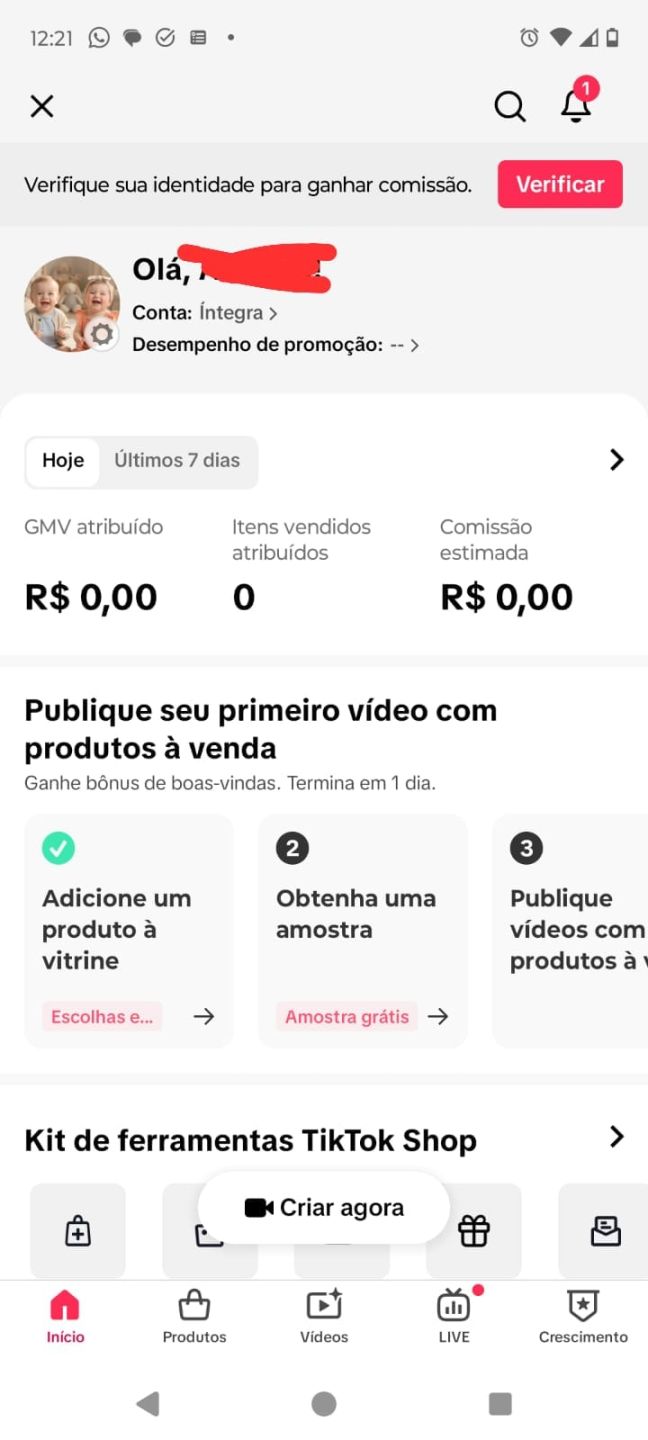 Conta do Tik Tok com Shop ativo + Live Studio Ativo com 1K de Seguidores