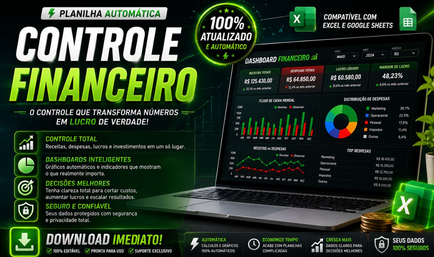 [ PROMOÇÃO 99% ] Planilha 100% Automática para Controle Financeiro + Brinde