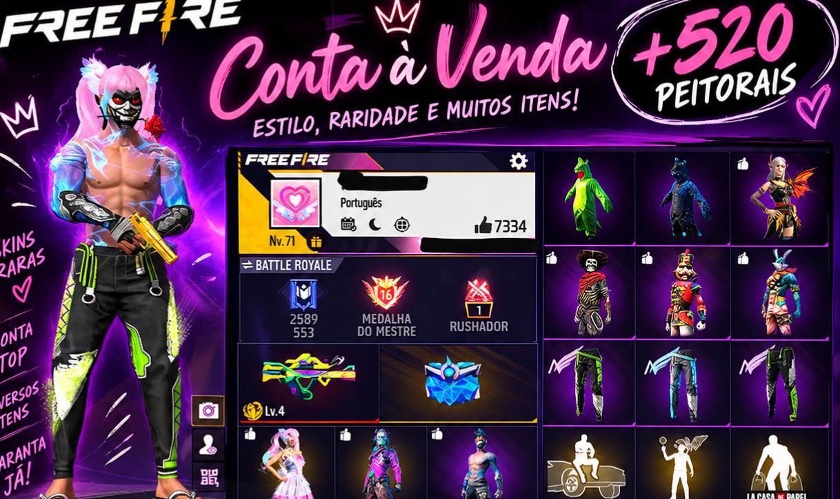 CONTA FREE FIRE 7 ANOS - UNISSEX RARA C/ ANGELICAL,+ 520 PEITORAIS