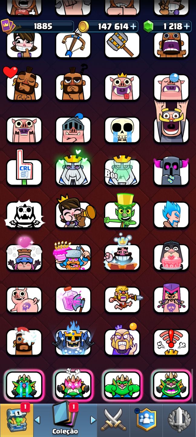 Conta Clash Royale niver da conta 16, vários emoji e evolução.