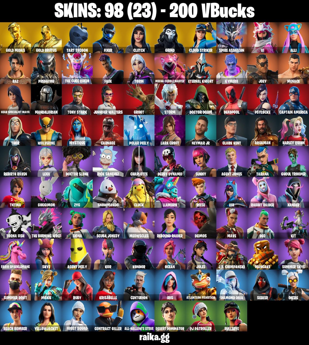98 SKINS + GRIND + GLUTCH + LARA CROFT + MARVEL + 1 EMAIL