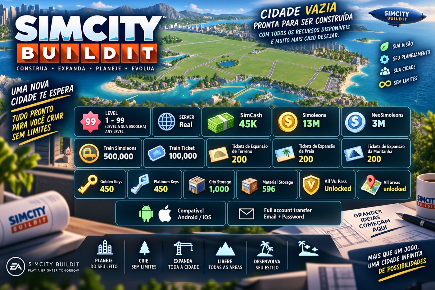 Simcity Buildit Level 1-99 45K SimCash Full Account Transfer Real Server