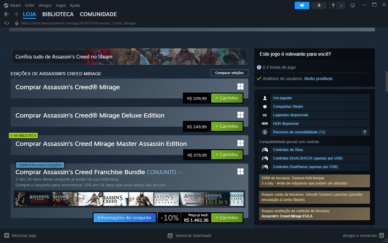 Conta Steam 3 Jogos (Dark Souls 3 Deluxe, Assassins Creed Mirage e Unity)