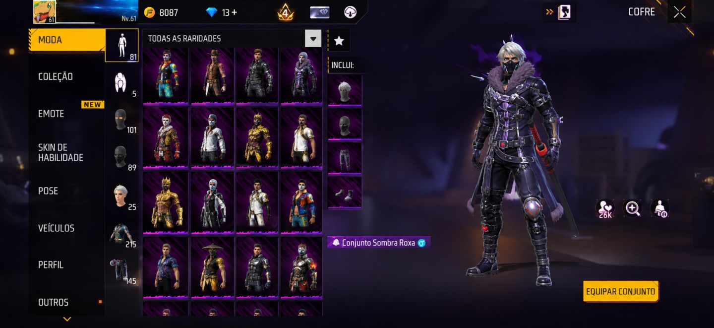 CONTA FF LV61 | ANGELICAL MASC | COLLABS RARAS COELHO ROSA LV3 | 39 EMOTES |RARA