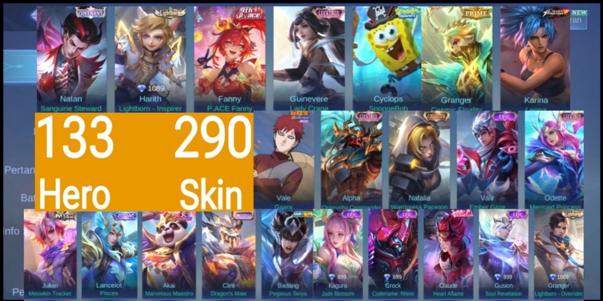 CONTA MLBB FA | 290 SKINS | GRANGER PRIME | VALE GAARA | 133 HERÓIS