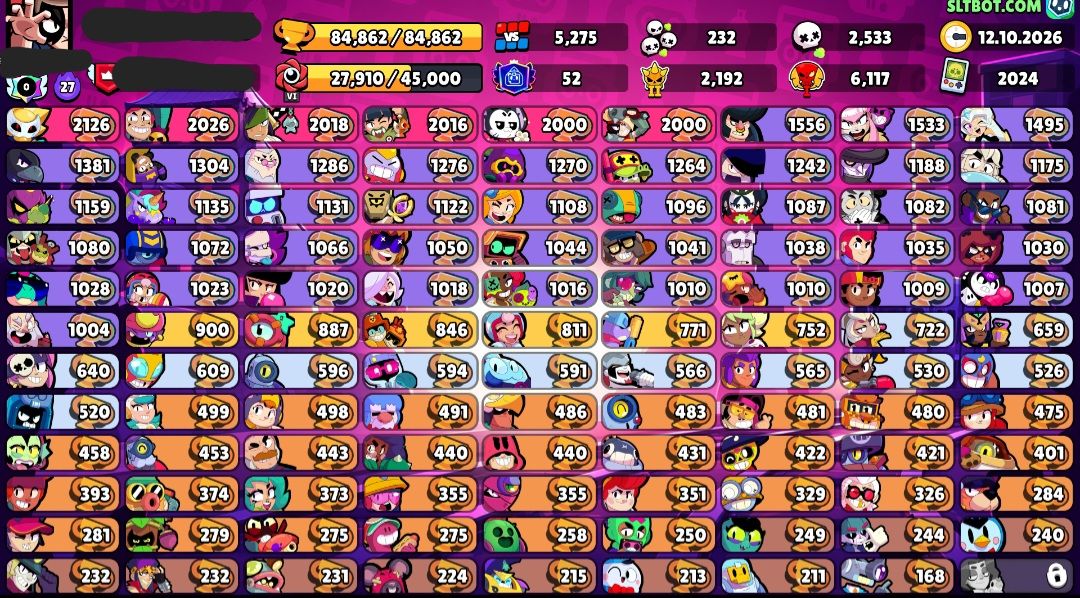 84.8k Brawl Stars 107/107 BRAWLERS 1025 GEMAS 215K GOLD || 10.6k Clash Royale