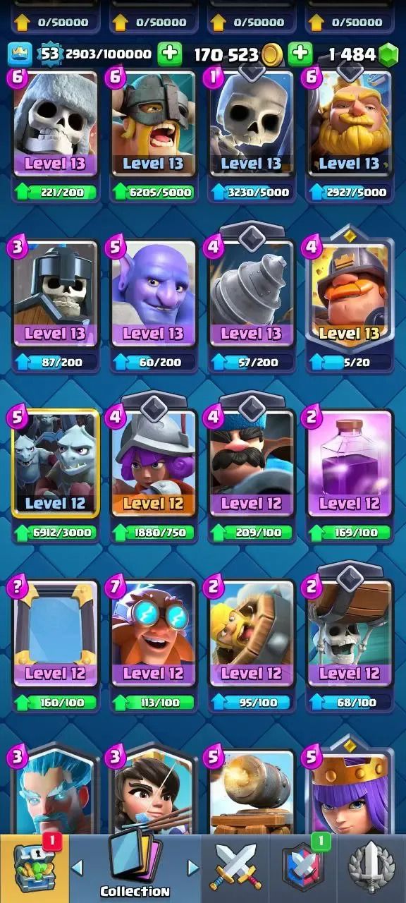 Conta Clash Royale nível 53, 9134 troféus, 48 cartas máx, 95 emotes, 1484 gemas