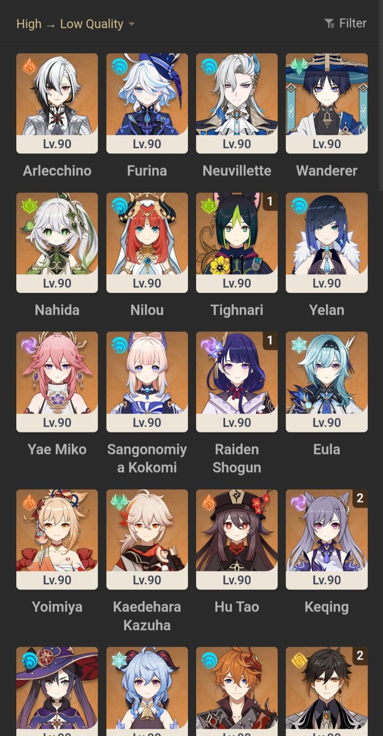 Allerchino, Neuvillet, Yelan, ZhongliC2, RaidenC1, Nahida, Hu tao