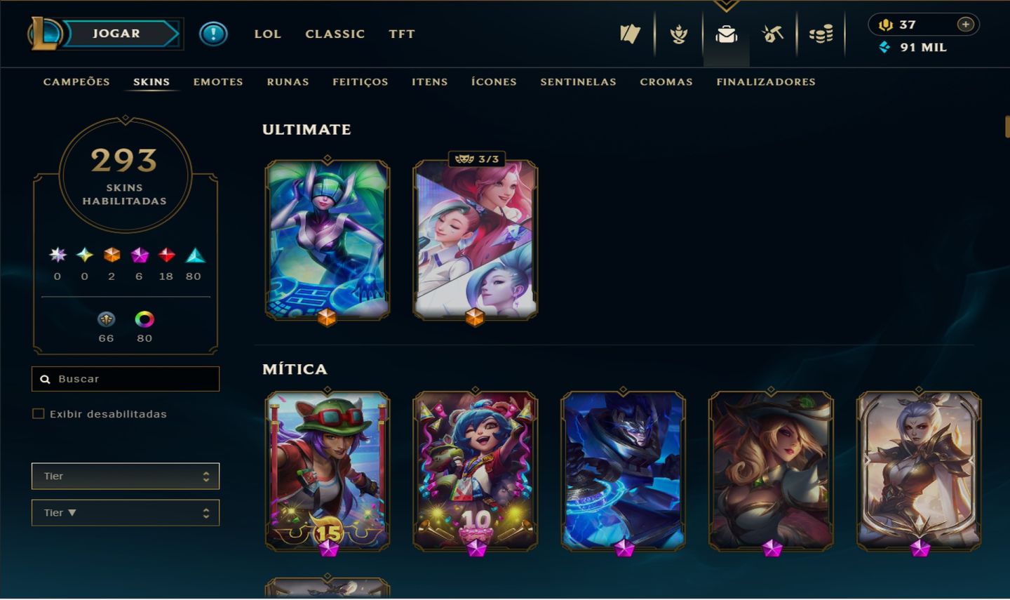CONTA MONO RIVEN PLATINA IV COM 12 SKINS DELA 293 SKINS NO TOTAL