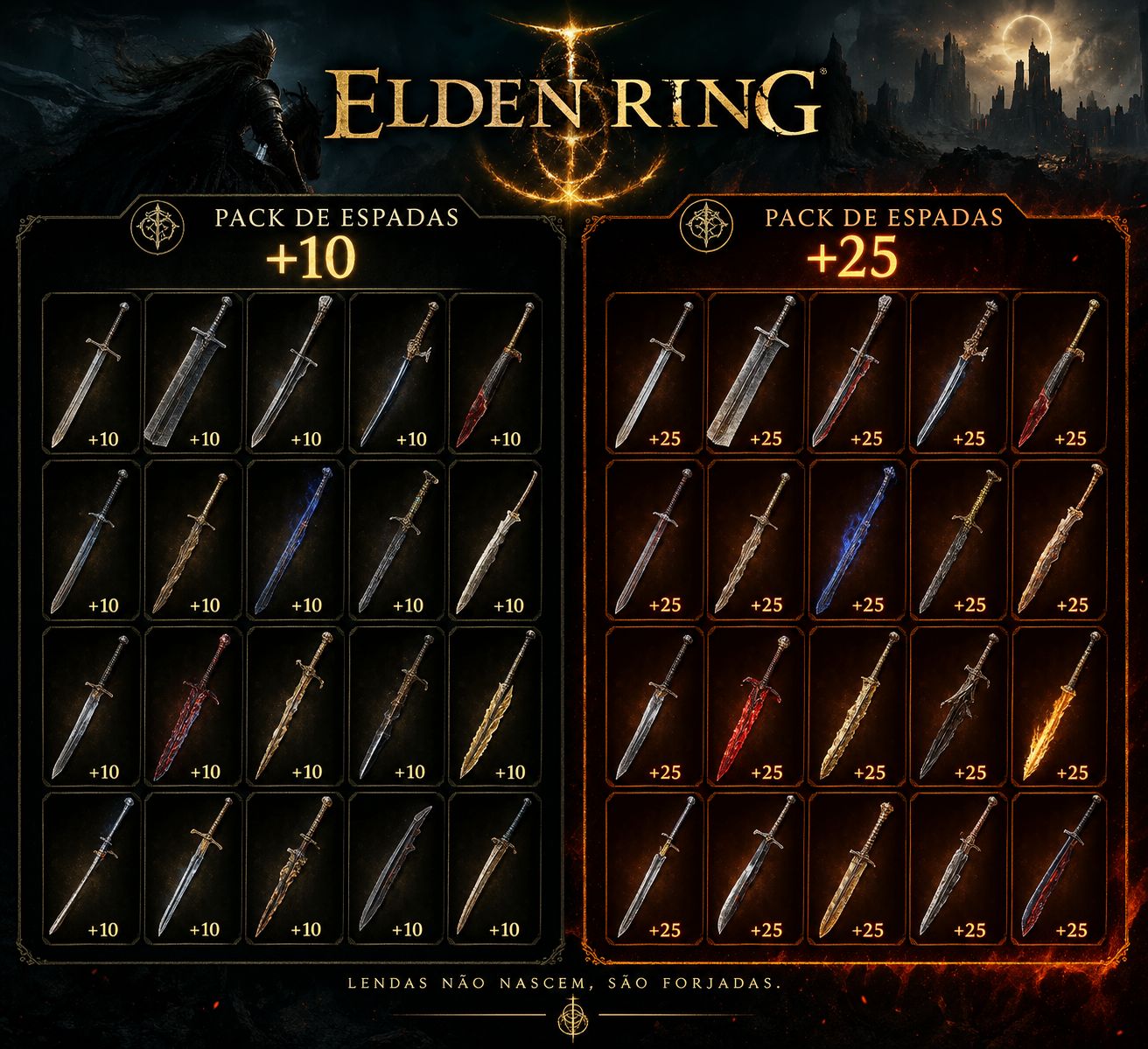 PACK DE ESPADAS NIVEL BASE +10 E +25 E UP DE ARMAS ELDEN RINGS SOMENTE PC STEAM
