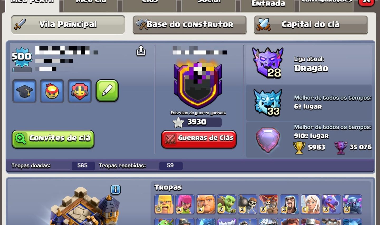 CLASH OF CLANS | CONTA LENDÁRIA NÍVEL 500 | FULL MAX | 30+ SKINS | RARÍSSIMA