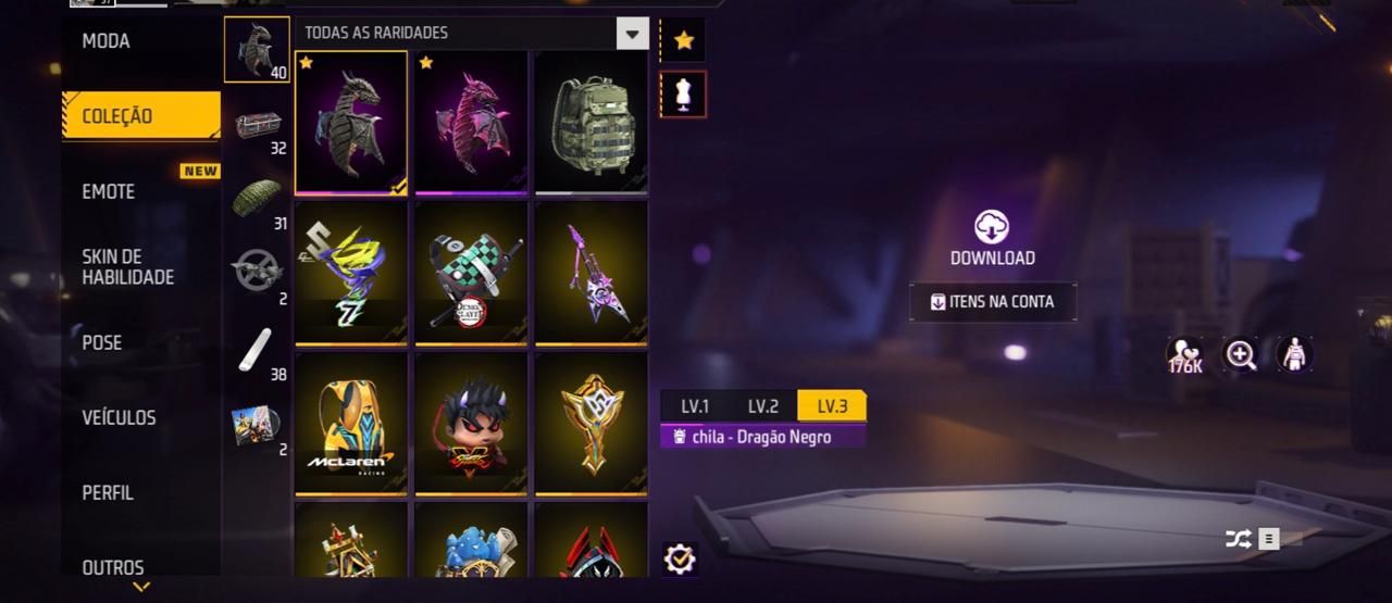 CONTA FREE FIRE | 150+ SKINS E ITENS RAROS | MCLAREN P1 | DRAGÃO NEGRO LV.3