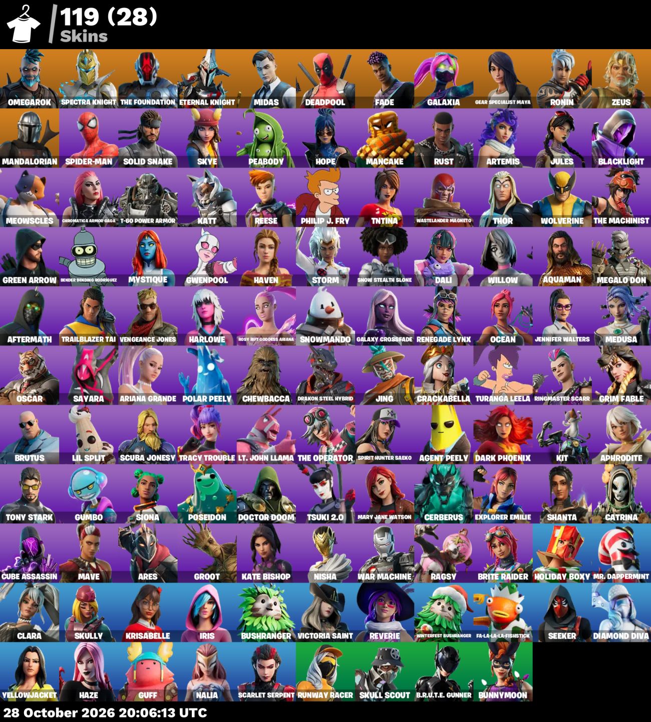 Conta de Fortnite com 119 Skins / Midas / Deadpool / Iris / Mulher Hulk / 650 V