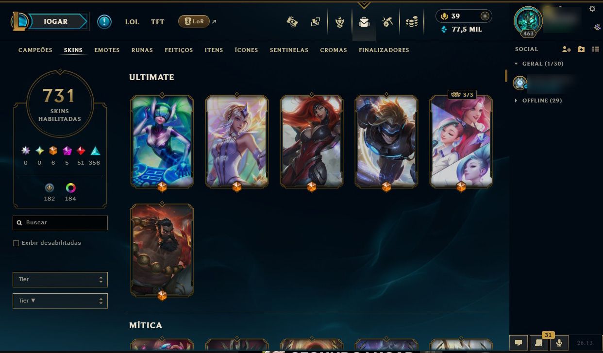 Conta League Of Legens ( 731 SKINS ) + Todos Campeões + Platina