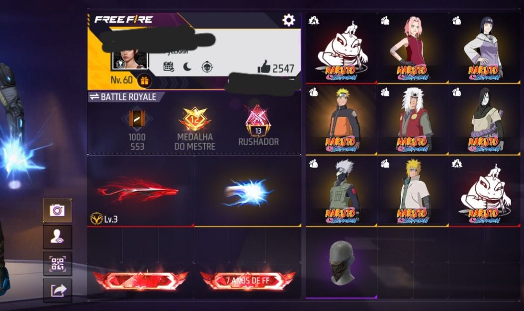 Conta Free Fire com os Conjuntos do Naruto Punho e Armas Evolutivas E muito Mai