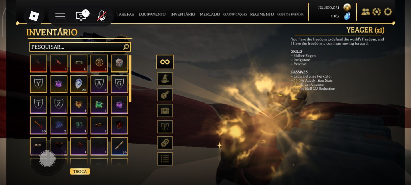 Conta AoTR: Pres 5 Max | Colossal + Attack Serum | Yeager | +170M Gold