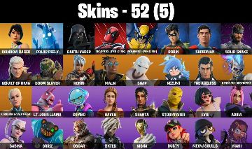 CONTA FORTNITE COM SOLID SNAKE, THE WITCHER, DEADPOOL E WOLVERINE E 52 SKINS