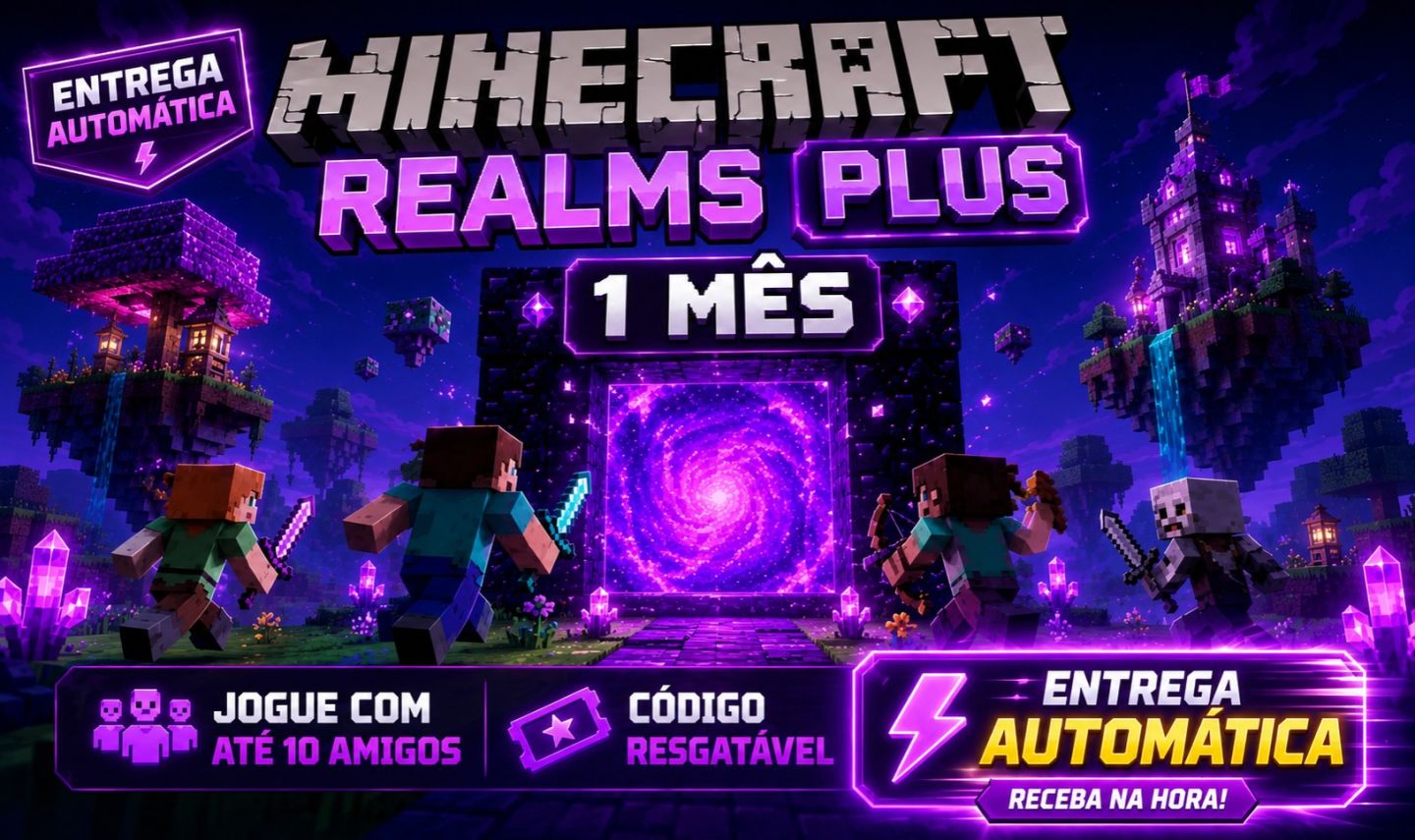 Minecraft Realms Plus 1 Mês | Key Bedrock | Automático
