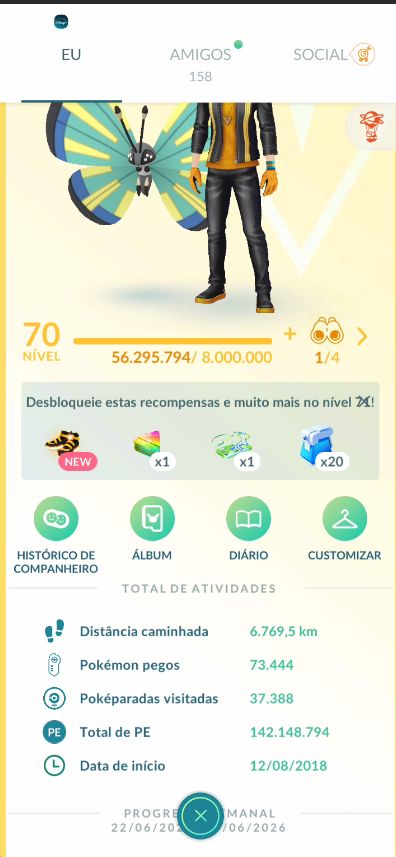 Pokémon Go Nível 70 (progresso 56,2M / 8M), 142.150 XP, 2018, nunca banido, PvP