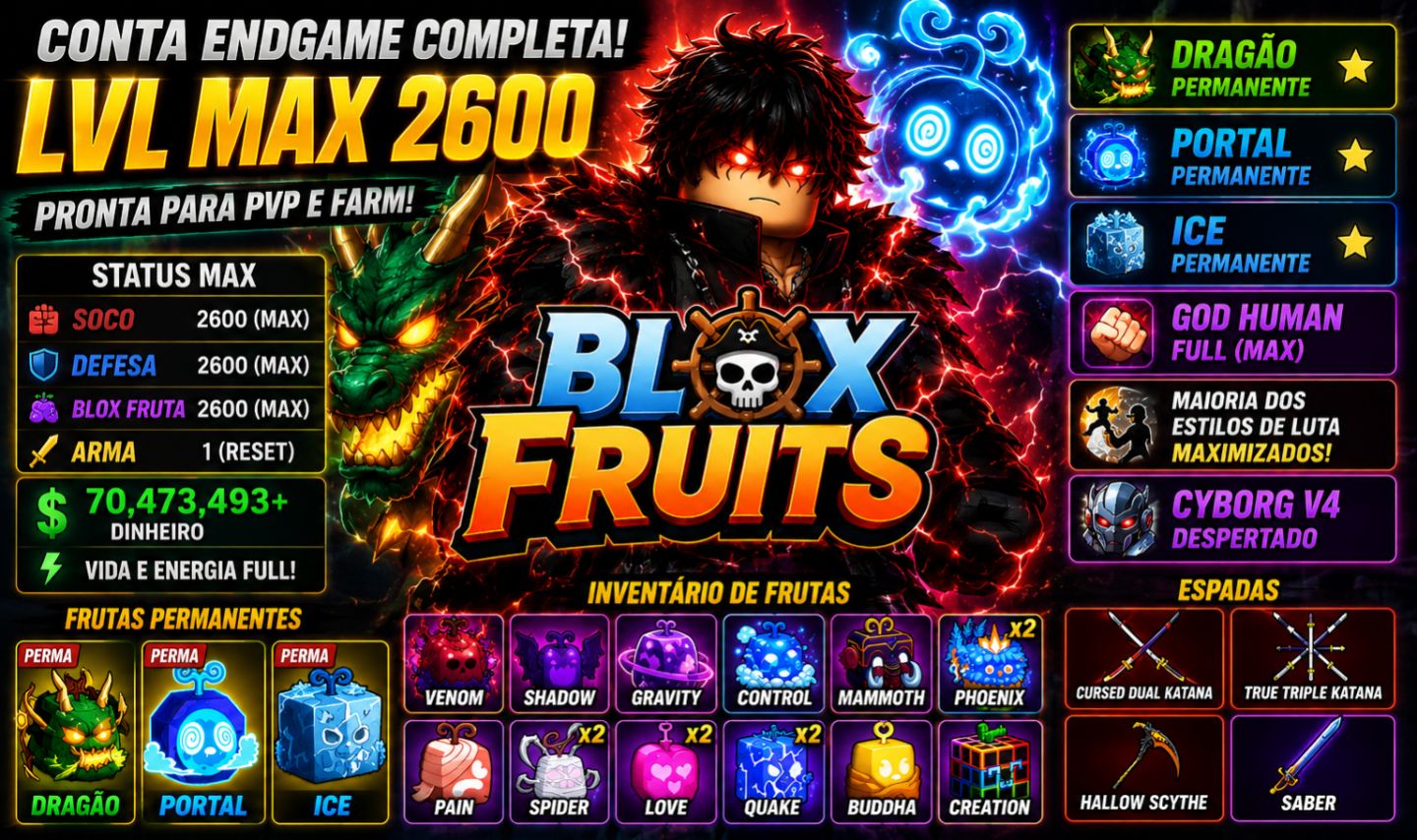 BLOX FRUITS LVL 2600 MAX + DRAGÃO PERMA + PORTAL + ICE + 70M ENDGAME