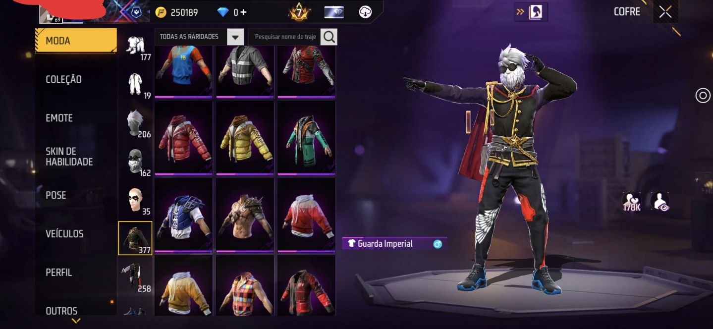 Conta de FF, prime 7, Level 69, muitos itens raros.