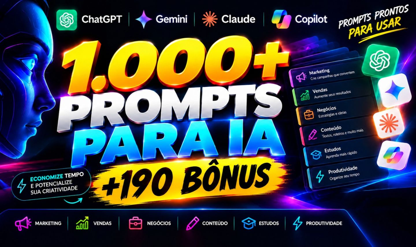 1.000+ Prompts para IA | Criar, e Trabalhar | ChatGPT + Gemini + Claude