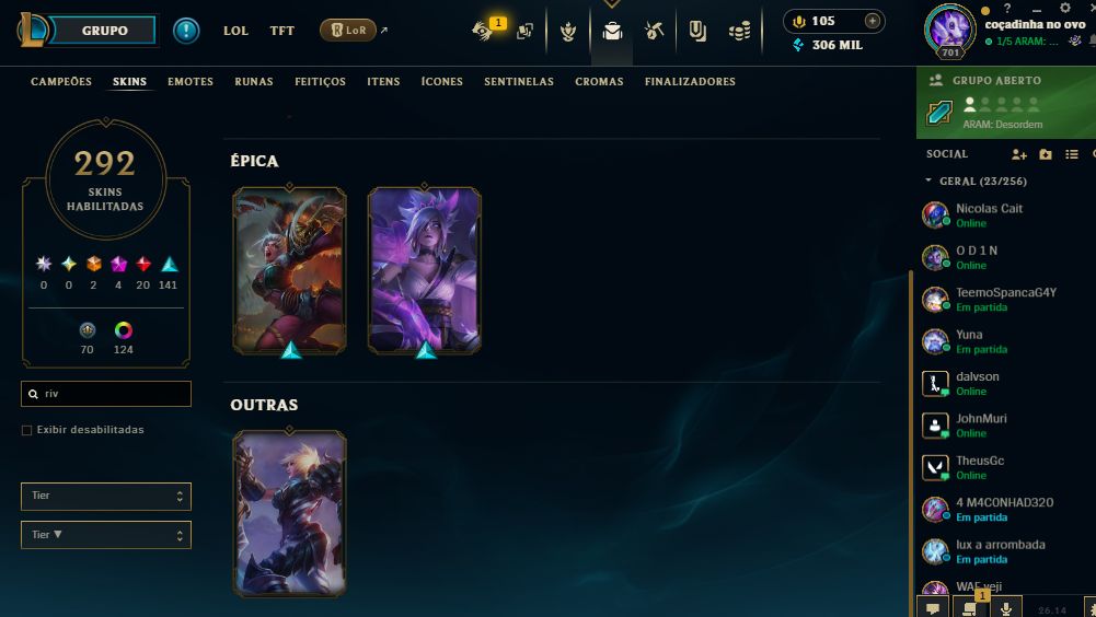 Conta lvl 701 MMR de esmeralda 292 skins 124 cromas 306mil de essência azul