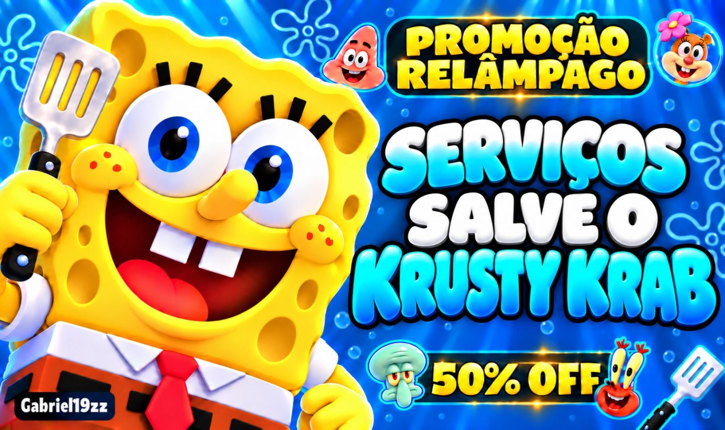 | 50% Desconto | Salve o Krusty Krab | Serviços Doubloons e Personagens |