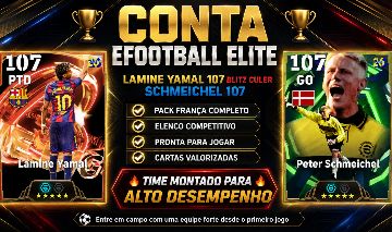 CONTA eFOOTBALL ELITE COM LAMINE YAMAL 107 BLITZ + SCHMEICHEL 107 + PACK FRANÇA