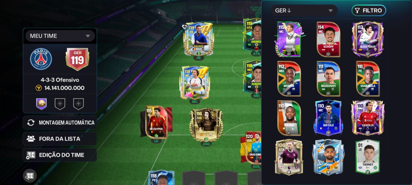 Conta básica EA FC mobile 119 de over com o Hazard 119