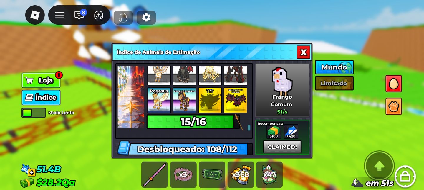 ÍNDICE 96% | PETS E OVOS 1B+ | CERCADO E ESTEIRA MAX | 4 SKINS ROBLOX