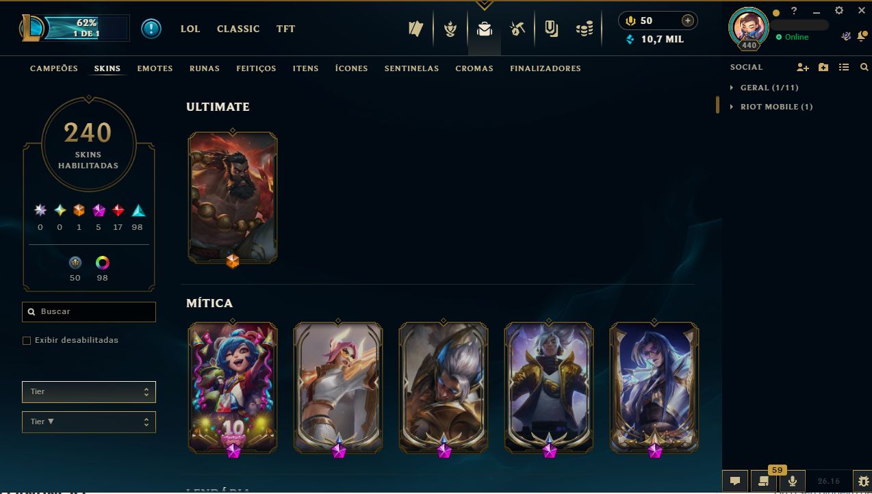 Conta LOL e Valorant - 240 Skins, Nivel 440, MMR Platina/Esmeralda(LOL e VAVA)