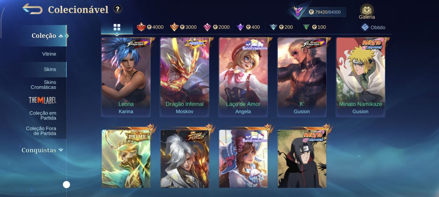 CONTA DE MLBB COM MUITAS SKINS LENDÁRIAS, MINATO, ITACHI, K' ELO +ALTO 100 STAR