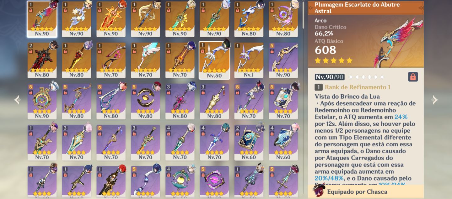 Genshin: conta AR59, com 20 persona T5 limitados e 11 Armas T5