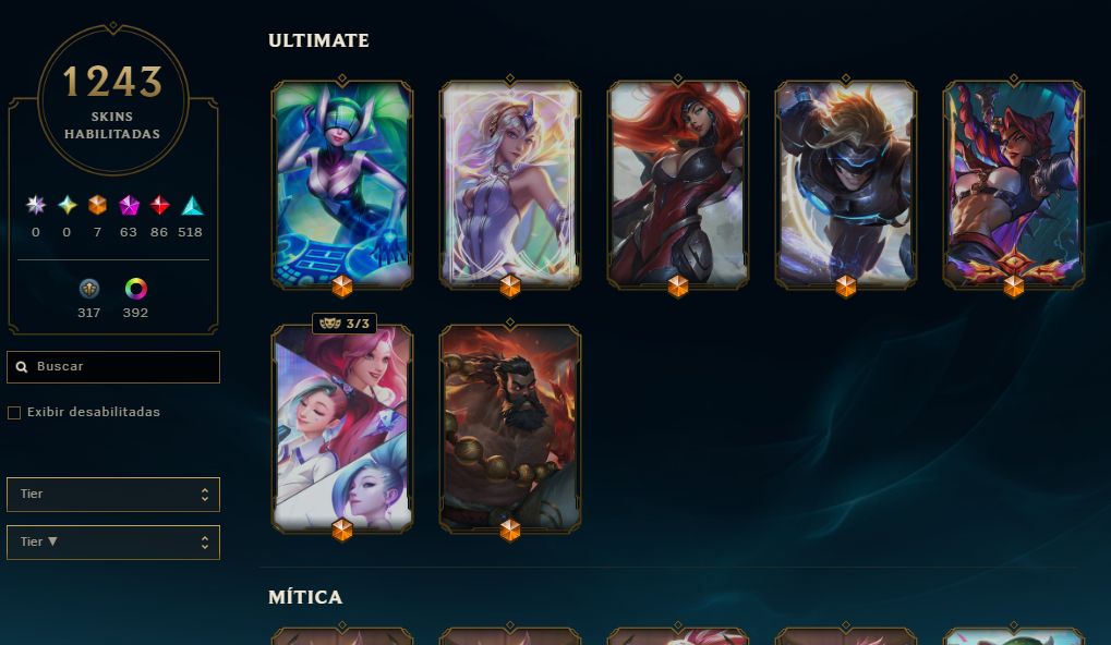 Conta Nivel 734/ 1243 Skins / 7 ultimates / 63 Míticas/ 86 Lendárias /392 cromas