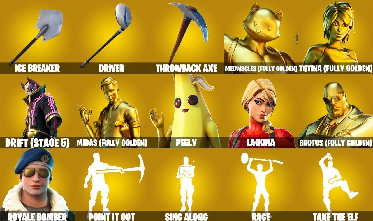 CONTA FORTNITE MIDAS DOURADO, BOMBER ROYALE, ATEMPORAL (5), SPIDER & 90 SKINS