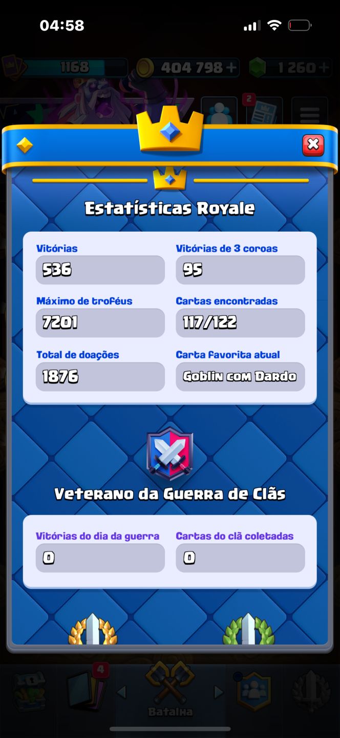 Conta De Clash Royale 7.2K | 1.260 Gemas | 404K Gold | Mestre I | 117/122 Cartas