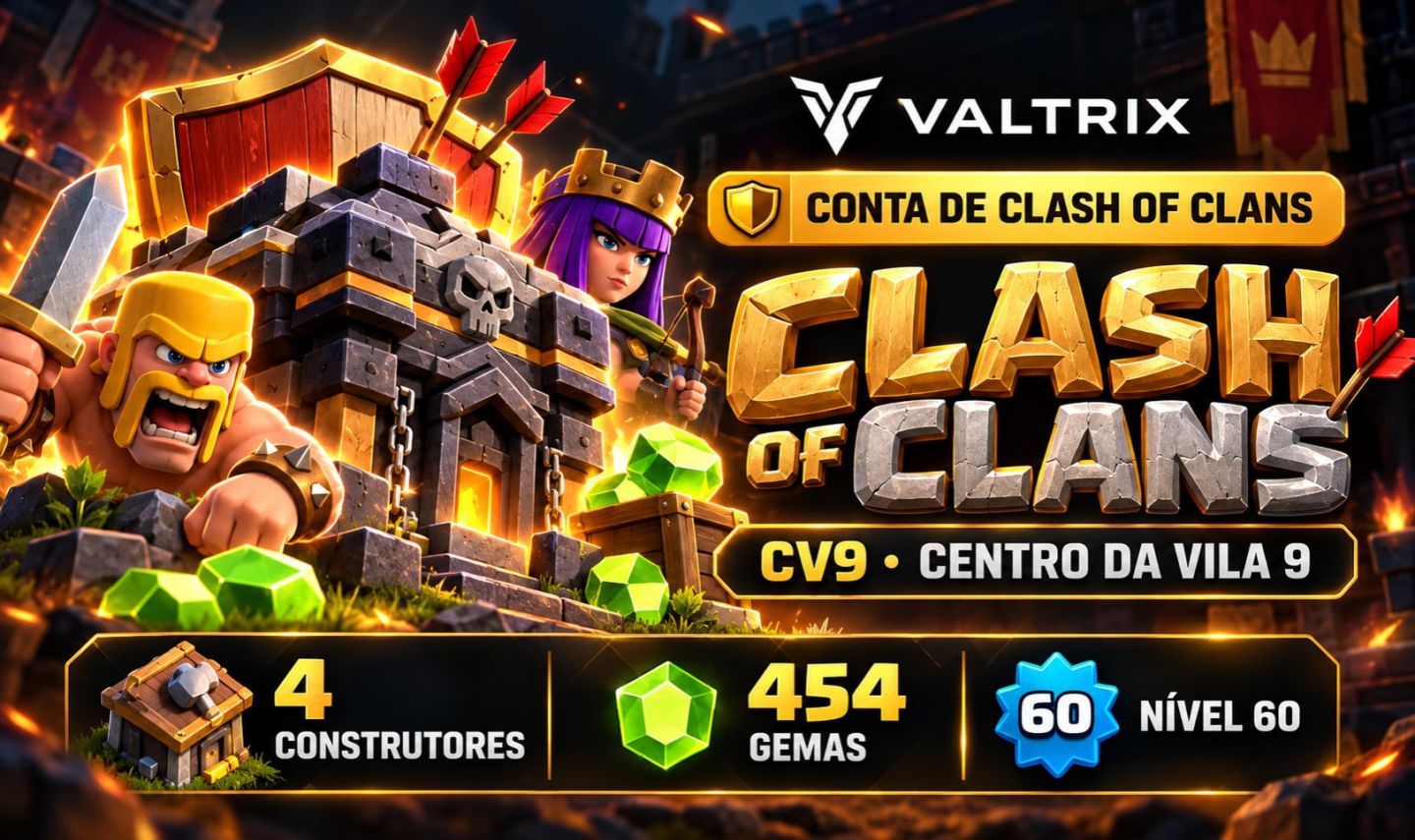 Clash of Clans CV9 | 4 Construtores | 454 Gemas | Full Acesso