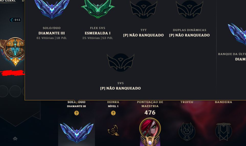 Conta lol antiga de 2014, nível 213, diamante 3, 95 skins