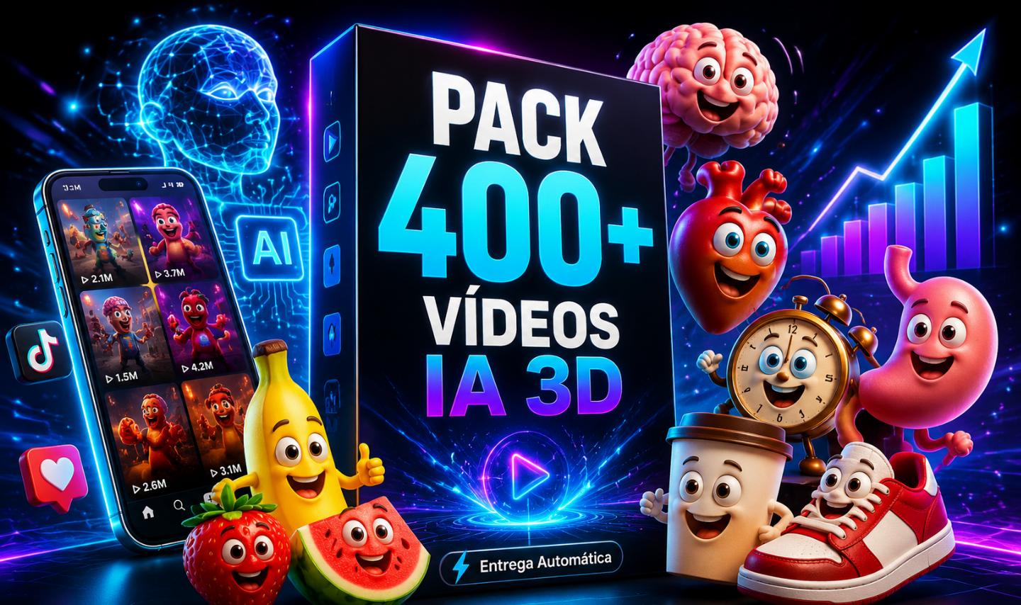 Pack 400+ Vídeos Animados IA Histórias de Frutas, Objetos e Órgãos 3D