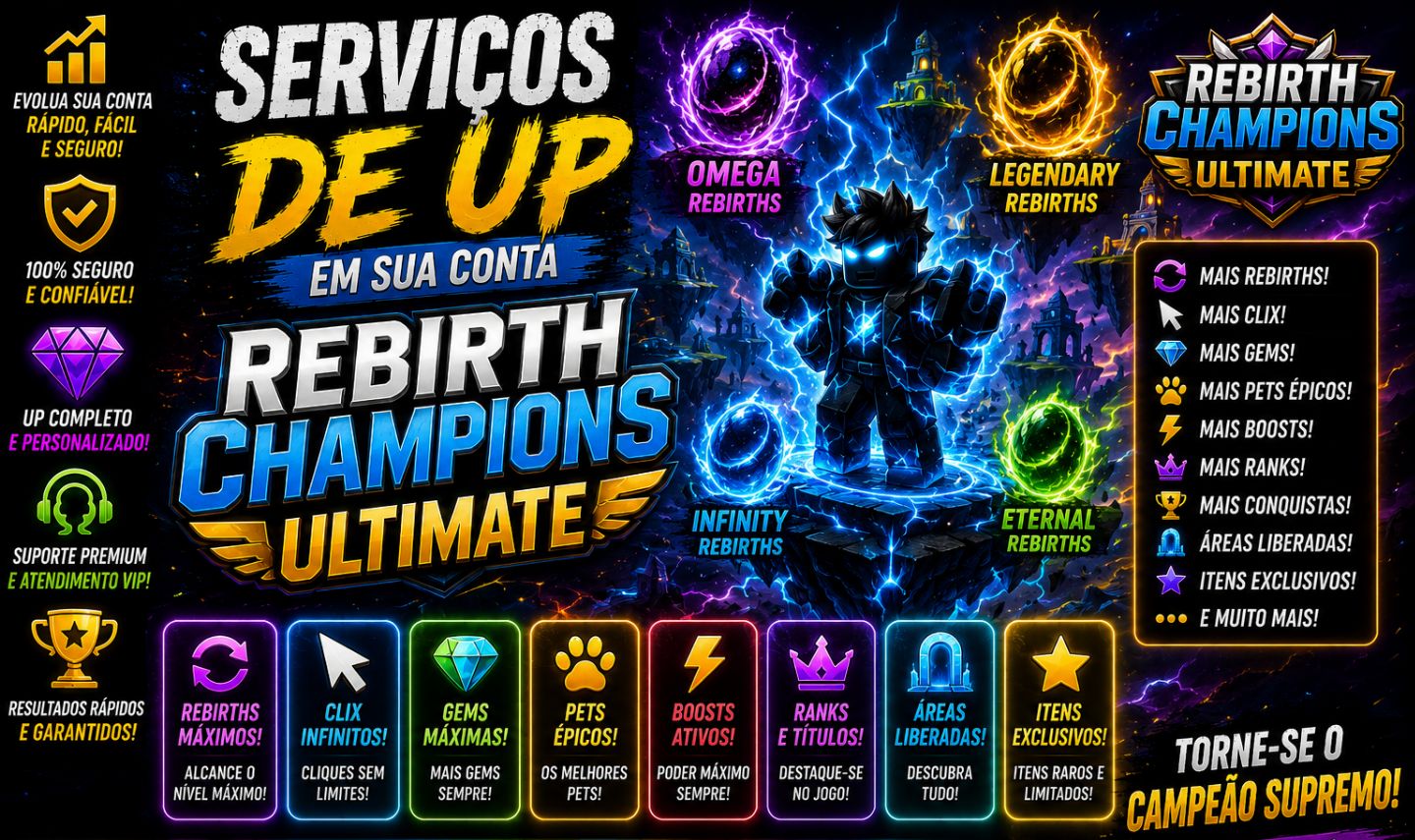 SERVIÇOS DE UP EM SUA CONTA REBIRTH CHAMPIONS ULTIMATE | ROBLOX