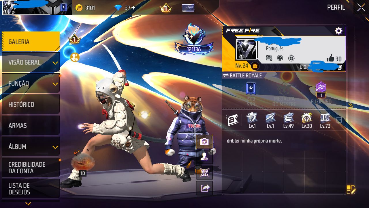 CONTA FREE FIRE PLATINA MODO RANK COM SKINS