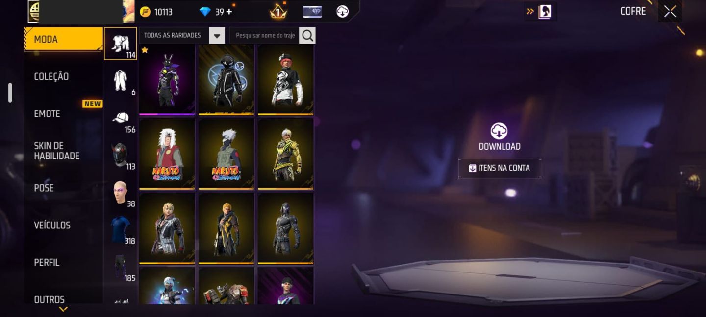 CONTA DE FREE FIRE RARA, COM VÁRIAS SKINS, GOLA ALTA, CALÇA ANGEL VERMELHA E ETC