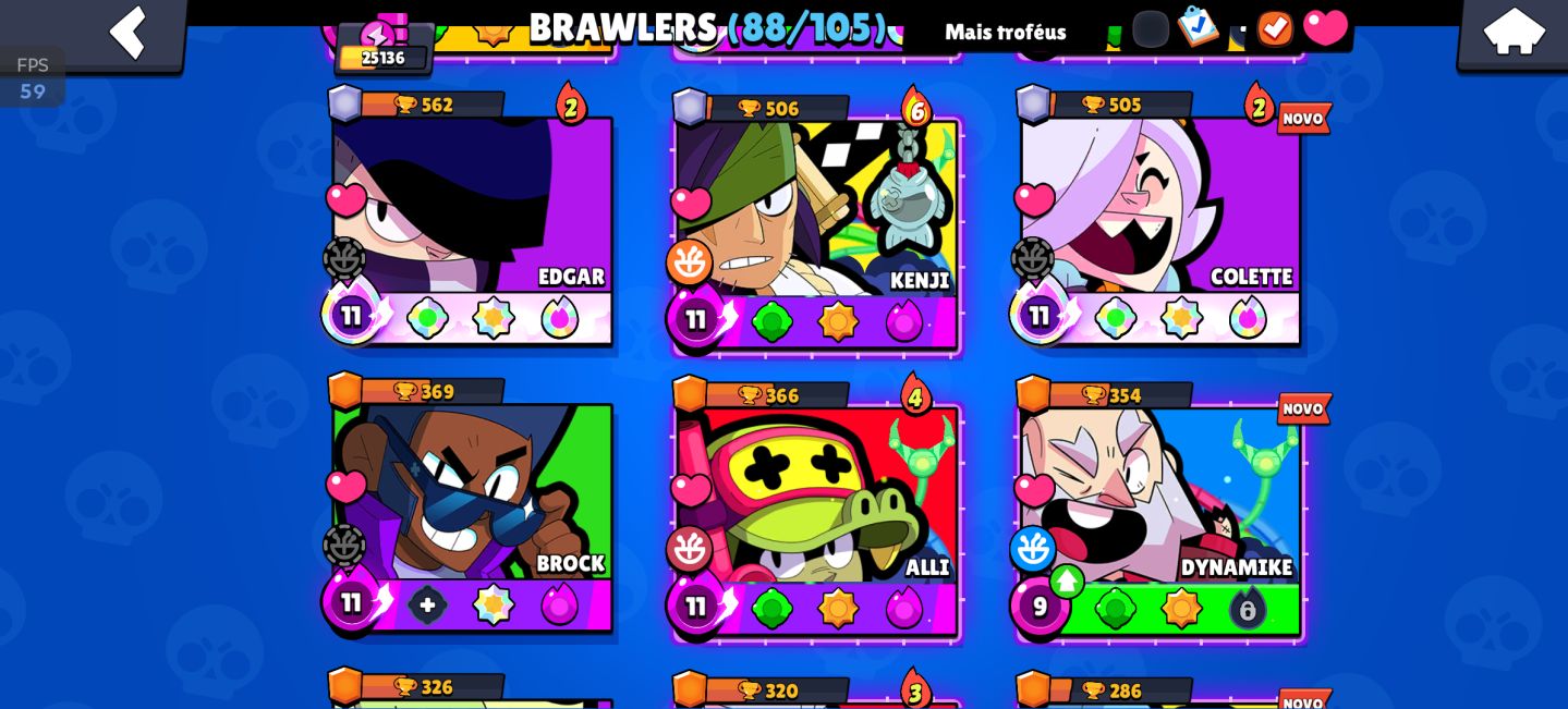 25k de troféu, Todos os lendários 88 brawler, 17 hipercarga e 6 buffs completos