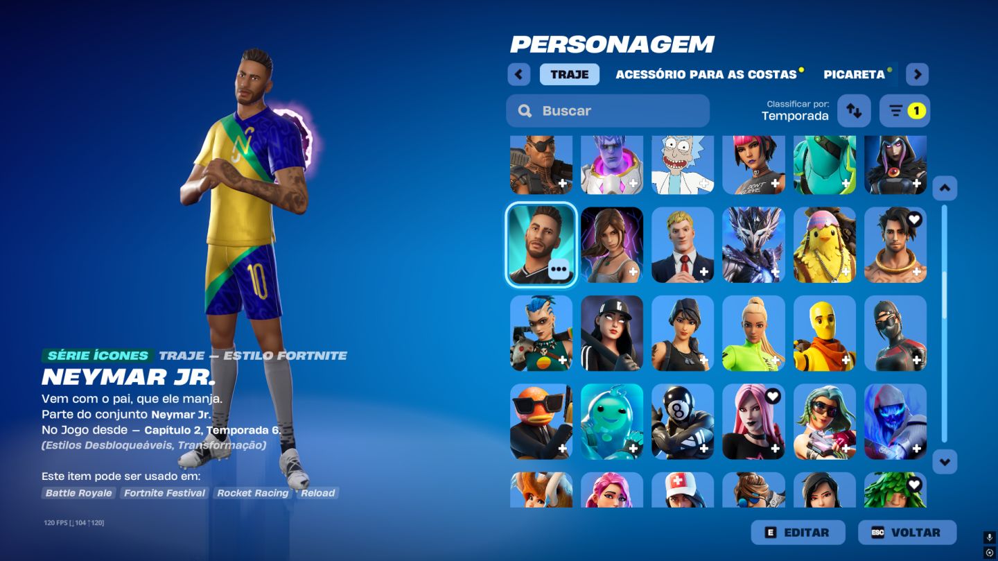 Conta Fortnite MUITO RARA +165 SKINS, com OMÊGA completo, Lara Croft, Neymar Jr.