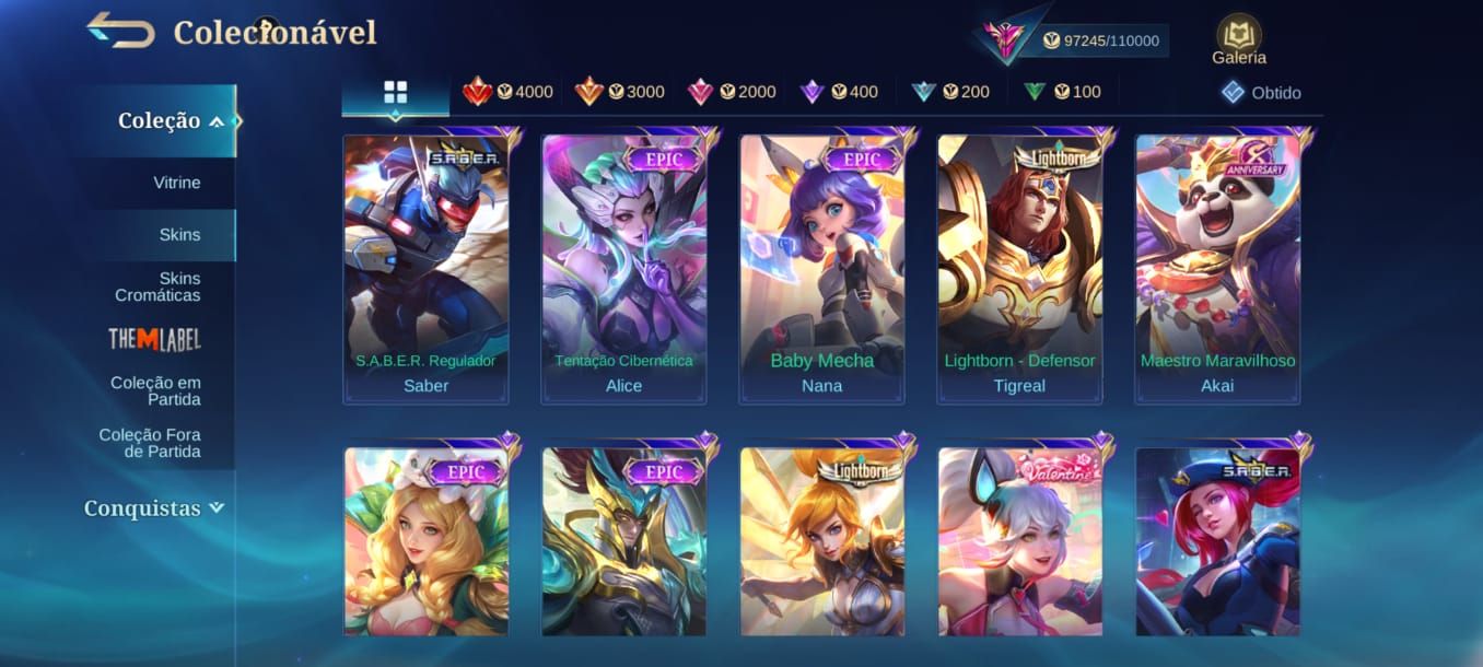 VALOR A NEGOCIAR Conta MLBB Todos os Heróis e várias skins.