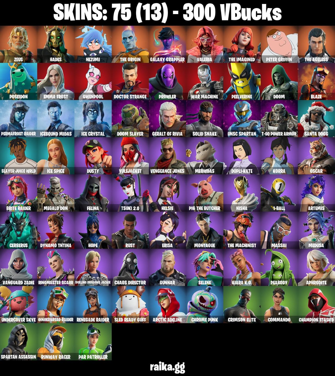 75 Skins - Solid Snake, Prowler, War Machine, Doom Slayer, Emma Frost 300 vbucks