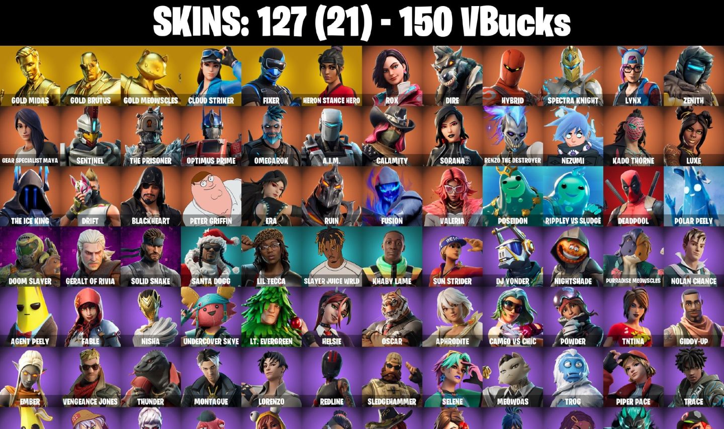 Conta Fortnite com Gold Midas | Gold Brutus | Gold Meowscles e 127 Skins